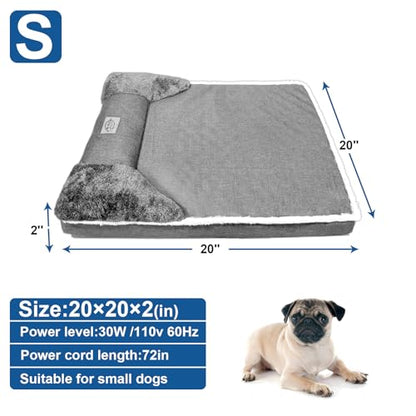 Heated Dog Bed 20x20 Inch Plush Dog Mattress with 9-Level Adjustable Settings, Removable Machine-Washable Cover, Non-Slip Bottom, Gray - size: Small