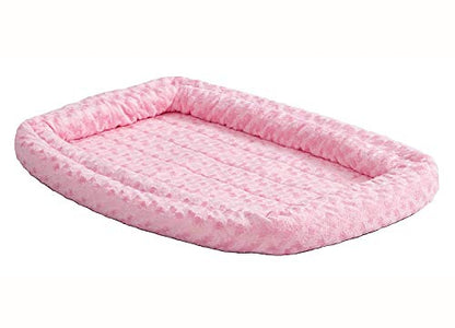 MidWest Homes for Pets XXS QuietTime Double Bolster Pet Bed, Pink Plush 18-Inch Crate Mat with Stacked Bolsters, Machine Washable, Secure Fit with Elastic Straps - color: Pink Plush, size: 18-Inch