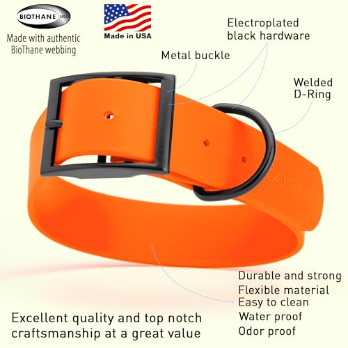 Dogline Biothane Waterproof Dog Collar Strong Coated Nylon Webbing with Black Hardware Odor- Proof for Easy Care Easy to Clean High Performance Fits Small Medium or Large Dogs, Hunter Orange