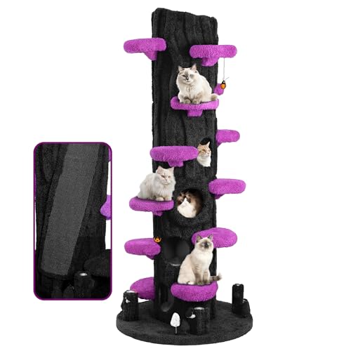 NUNU LAB 90.5 Inch Tall Cat Tree - Large Magic Forest Cat Tree Tower with Sisal Scratching Posts, Side Hideout & Platforms, Multi-Level Solid Wood Cat Condo with for Multi-Cat Homes (Large Purple) - color: Purple, size: 38.5"D x 38.5"W x 90"H
