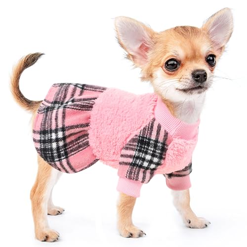 Dog Sweaters for Small Dogs Girl Small Dog Sweater Dress, Puppy Outfit Warm Fleece Doggie Clothes Girl Boy Princess Plaid Dress, Chihuahua Yorkie Pet Festival Apparel, S, Pink - color: Pink, size: Small (Chest 15in )