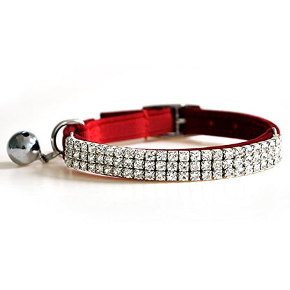 CHUKCHI Soft Velvet Safe Cat Adjustable Collar Bling Diamante with Bells,11 inch for Small Dogs and Cats (Red) - color: Red