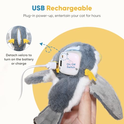 Petbobi Flapping Bird Cat Toys - Interactive Cat Toy with Flapping Wings(No-Flying) and Chirp Tweet, Rechargeable Motion-Activated Catnip Seagull Toys for All Breeds Kittens - color: Grey