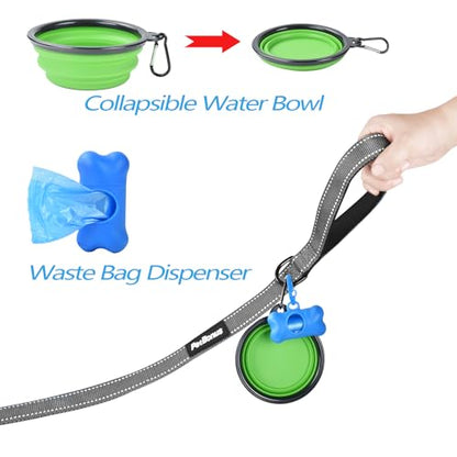 Double Dog Leash, No Tangle Dual Leash, Reflective Walking Training Lead, 4 Comfortable Padded Handles for 2 Dogs with Collapsible Bowl and Waste Bags (Grey, Large) - color: Grey
