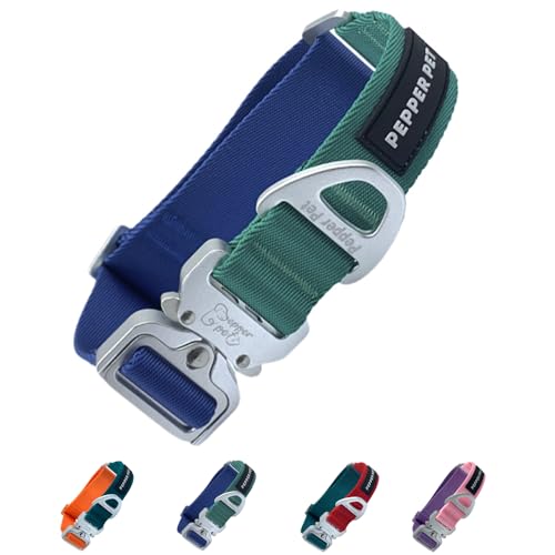 Heavy Duty Tactical Dog Collar,Metal Buckle Quick Release Collar for Large Dogs,1700 LB Strength Tested,Dual Color Nylon Collar for Walking,Training & Hunting - color: Blue, size: M
