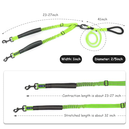 Double Dog Leash No Tangle – Dual Dog Leash for 2 Dogs with Shock Absorbing Bungee, 360° Swivel, Reflective Safety, Heavy Duty for Medium & Large Dogs (Neon Green) - color: Neon Green