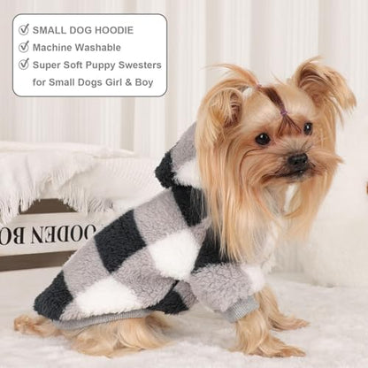 Dog Sweater for Small Dogs Hoodies， Winter Clothes Boy Girl Male Female，Fleece Hoodies Warm Pet Doggie Sweaters Coat Apparel - color: Black white grid, size: X-Small