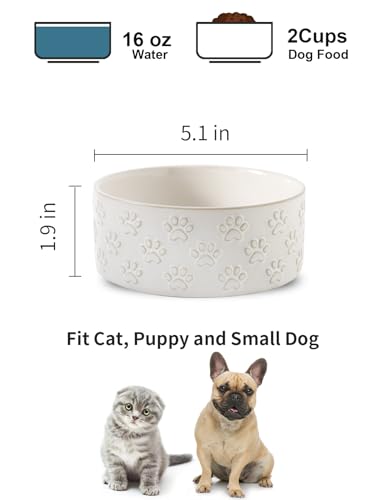 UBEE Small Dog Bowls Set of 2, 5.1 inch Ceramic Dog Dish Food Bowl, Pet Food Water Dish Feeding for Small Dogs and Large Cat, Paw Pattern, 5.1 in-Small, White - size: 5.1 in-Small