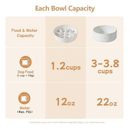 Havniva 1.2 Cup Elevated Slow Feeder Dog Bowls, 7.3” Dog Slow Feeding Bowls + 6.1” Ceramic Dog Water Bowls Set with Acacia Wood Stand, Dog Food Bowls Puzzle Feeder for Small Dogs Non-Slip Anti-choking - color: 2 x White + Stand - C, size: M- 7.3inch / 1.2