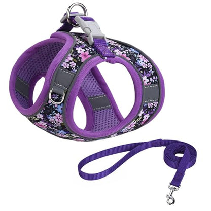 Step in Dog Harness No Pull Flower Adjustable Soft Mesh Padded Reflective Pet Vest Harness and Leash Set for Small Medium Dogs - color: Purple, size: XS(neck:9.5"-10.5",chest:11.5"-13.5")