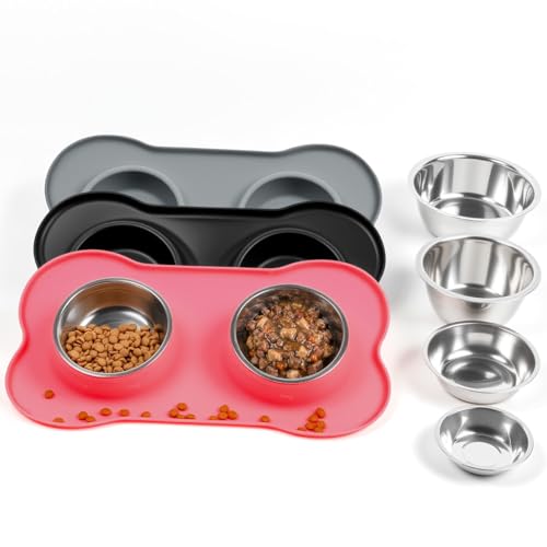 Conlun Medium Pet Feeding Station, 29oz Stainless Steel Dog Bowls Set, No Spill Food & Water Dishes with Non Slip Silicone Mat for Breeds Up to 55 Lbs, Pink - color: Pink, size: Medium-29oz