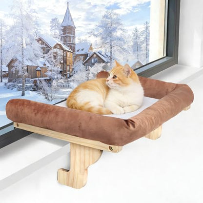 Cat Window Perch with Bolster, Large Hammock Bed for Indoor Cats, Solid Wood & Metal Frame Mounted Perch, Cozy Sunbathing Lounge Bed, 25” Wide (Brown Bed) - color: Brown
