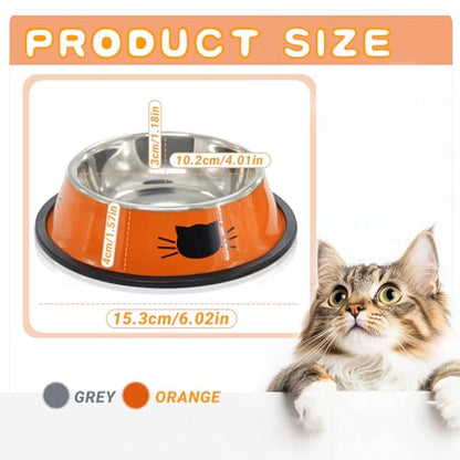 Cute Cat Bowl, Cat Face Print Non-Slip Stainless Steel Pet Food Water Bowl for Cats & Small Dogs(Gray-White) - color: Grey+White