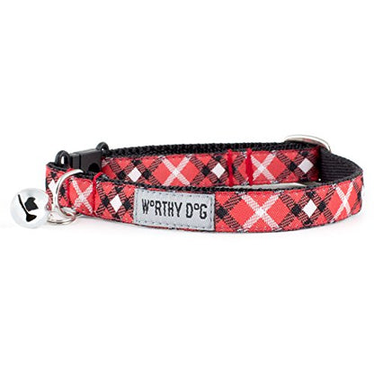 THE WORTHY DOG Patterned Bias Plaid Cat Collar with Bell, Adjustable Nylon Safety Collar, Red, One Size - color: Red-Bias Plaid