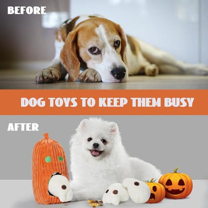 Nocciola Halloween Dog Toys 4 PCS, Pumpkin + 3 Skull Squeaky Dog Toy for Small Puppy Dog to Keep Them Busy, Durable Plush Hide and Seek Dog Toys for Small Medium Dogs - style: Pumpkin & Skulls