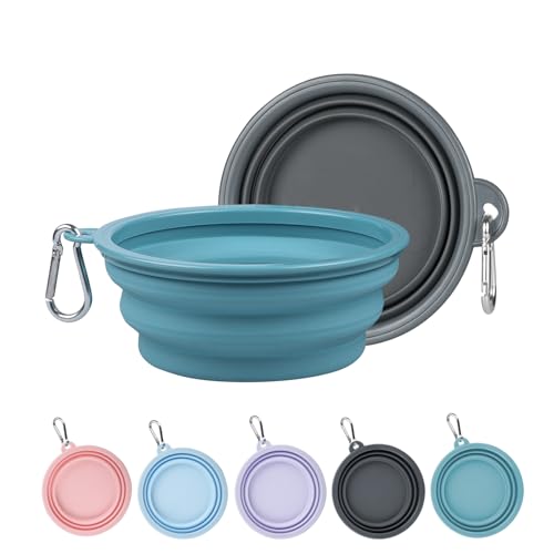 Collapsible Dog Bowls for Travel, 2Pack Dog Portable Water Bowl, Foldable Pet Food Bowl with Clasp, Pet Cat Feeding Cup Dish for Traveling, Walking, Hiking - color: Lake Blue & Grey, size: Small