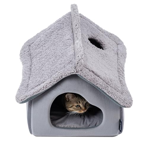 Pelzin Cat Houses for Indoor Cats - Large Cat Cave Bed with Removable Support Foam and Washable 2-Side Mat - Covered Cat Bed for Cat Hideaway - Enclosed Cat Hideout for Kitten and Small Pet, Grey