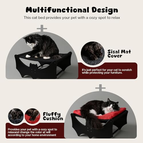 Gothic Cat Bed with Bat Design, Wooden Elevated Cat Beds with Sisal Scratching Mat, Cats Scratcher Bed with Removable Fluffy Cushion, Raised Pet Bed for Large Cats, 22" L x 17.7" W, Black - color: Gothic Black (Bat)