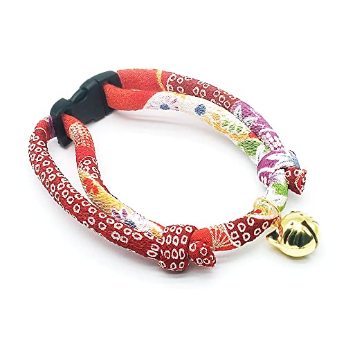Cat Collar with Kitty Face Bell. Cute Japan Chirimen Kitten Collar. Soft & Lightweight. - color: Red