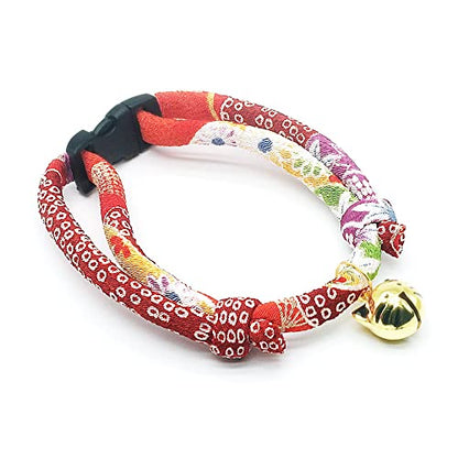 Cat Collar with Kitty Face Bell. Cute Japan Chirimen Kitten Collar. Soft & Lightweight. - color: Red