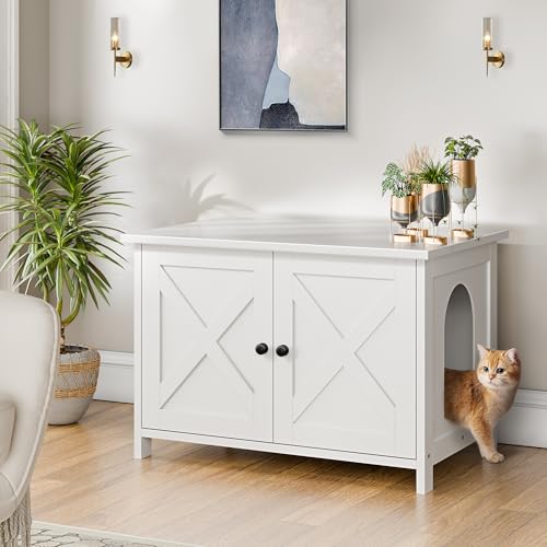 Shintenchi Cat Litter Box Enclosure, Litter Box Furniture Hidden with Removable Divider, Cat House with End Table, White, 31.5 inch - color: White