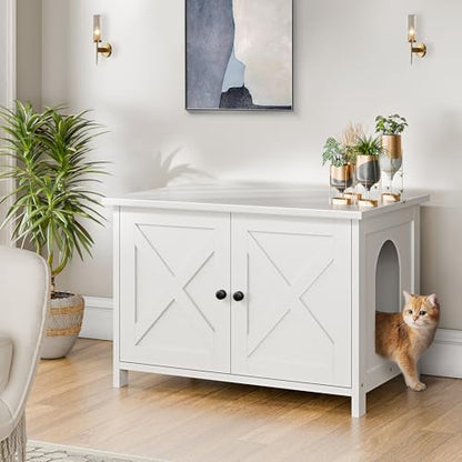 Shintenchi Cat Litter Box Enclosure, Litter Box Furniture Hidden with Removable Divider, Cat House with End Table, White, 31.5 inch - color: White