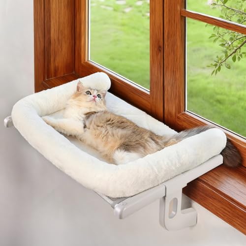 Zoratoo Cat Window Sill Perch with Large Bolster, Easy to Adjust & Assemble Cat Window Seat for Windowsill & Bedside, Pet Hammock Bed for Large Cats and Kittens (White, L) - color: White, size: Large