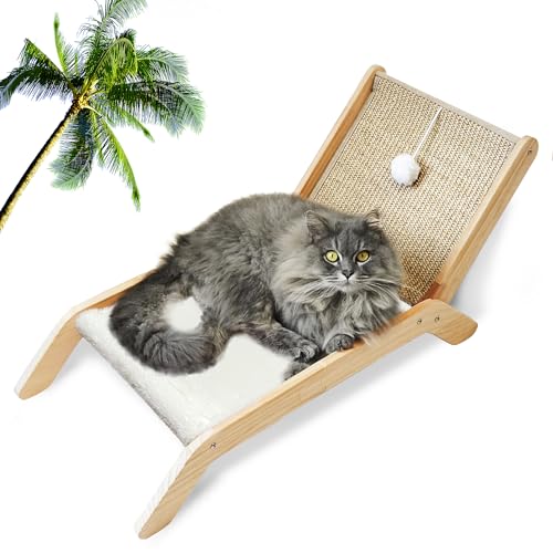PETKARAY Beach Chair Cat Hammock, Elevated Cat Beds for Indoor Cats, Original Cozy Lounger with Sisal Scratcher and Toy Ball - color: White Plush