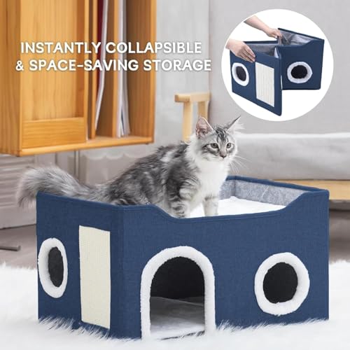 Cat House for Indoor Cats – Foldable Cat Cave & Covered Cat Bed, Cozy Hideaway for Small Pets and Large Cats (23.6"x16"x12.8"),Navy Blue - style: Navy Blue