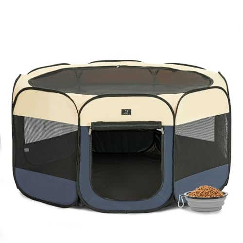 Dog Playpen for Small Dogs & Puppies, 40.55" Portable Indoor Outdoor Puppy Playpen with Bowl, Waterproof Floor, Foldable Pop-Up Pet Pen for Home, Travel & Daily Use - color: Blue+Beige, size: M(40.55"x40.55"x20.5")