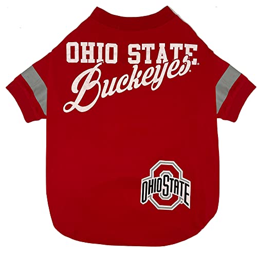 NCAA Ohio State Buckeyes T-SHIRT for DOGS & CATS, Medium. FOOTBALL/BASKETBALL DOG SHIRT for College NCAA Team Fans. NEW & UPDATED FASHIONABLE STRIPE DESIGN, DURABLE & CUTE SPORTS PET TEE SHIRT OUTFIT - color: Ohio State Buckeyes, size: Medium