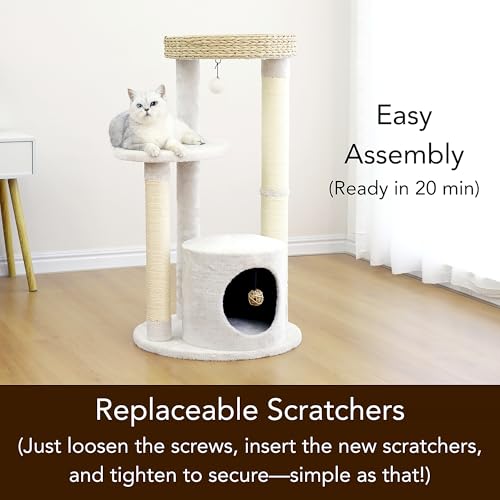 PetPals 4-Level Multi-Activity Cat Tree with Base Condo,Handwoven Paper Rope Top Nest Bed, Replaceable Sisal Scratching Posts,Teaser Toy (Cream and Beige) - color: Cream and Beige