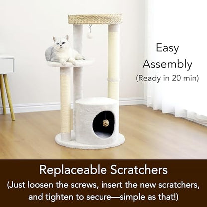 PetPals 4-Level Multi-Activity Cat Tree with Base Condo,Handwoven Paper Rope Top Nest Bed, Replaceable Sisal Scratching Posts,Teaser Toy (Cream and Beige) - color: Cream and Beige