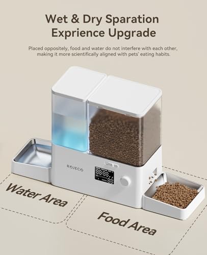 ROJECO Automatic Cat Feeder and Water Dispenser,36Cups/8.5L 2-in-1 Stainless Steel Bowls Large Capacity Cat Food Dispenser and Gravity Water Fountain for Cats Small Dogs Puppies Kittens Pets - color: White, size: 8.5L-Standard
