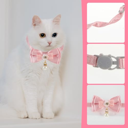 JJUNW Cat Collar Breakaway, Cat Collar with Pearl Pendant Quick Release Safe Buckle Pink Bowtie Adjustable Baby Kitten Collars Cute Cat Collar for Girl Cat (Style1)