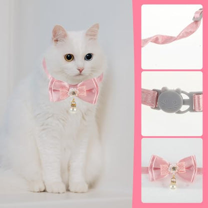 JJUNW Cat Collar Breakaway, Cat Collar with Pearl Pendant Quick Release Safe Buckle Pink Bowtie Adjustable Baby Kitten Collars Cute Cat Collar for Girl Cat (Style1)