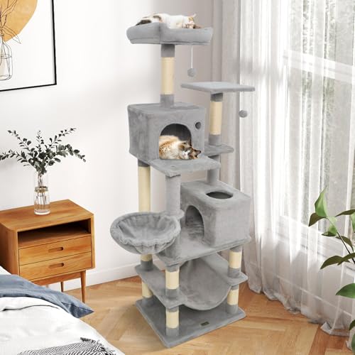 PETSITE 66 Inches Tall Cat Tree, Multi-Level Cat Tower with Sisal Scratching Posts, Side Basket, 2 Comfy Condos, Hammock, Soft Padded Top Perch, and Hanging Balls, Ideal for Indoor Cats (Grey) - color: Grey