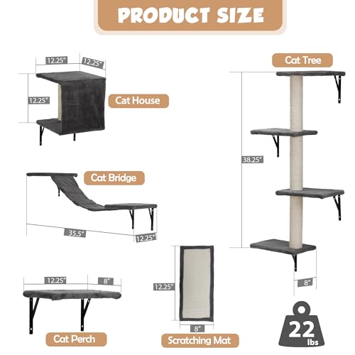 5 Pcs Wooden Indoor Cat Climber - Wall-Mounted Shelves, Perches, Scratching Board, Cat Ladder & Cat Tree - Grey - color: Grey