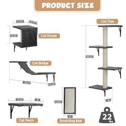 5 Pcs Wooden Indoor Cat Climber - Wall-Mounted Shelves, Perches, Scratching Board, Cat Ladder & Cat Tree - Grey - color: Grey