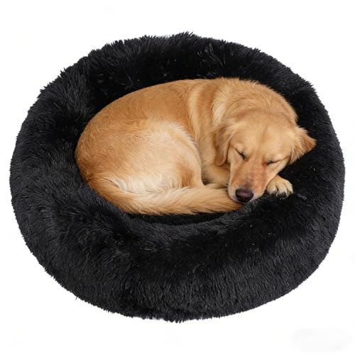 Calming Donut Dog Beds Large Sized Dog - Washable Removable Cover Non-Slip, Round Pet Bed Warming Fluffy Plush Faux Fur Anti-Anxiety Thick Cushion, Fits up to 80 lbs (Black, 36") - color: Black, size: 36"L x 36"W x 8"Th