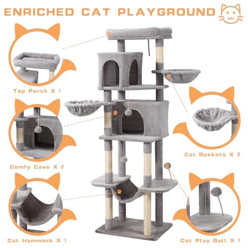 Letkind 70-Inch Cat Tree,Large Cat Tree Tower with Hammock, Scratching Post, Condo and Multi-Level Cat Tower for Large Cats, Cat Activity Center Playhouse, Light Gray LCT016 - color: Light Grey