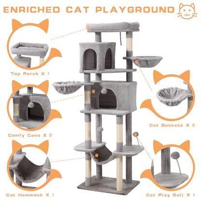 Letkind 70-Inch Cat Tree,Large Cat Tree Tower with Hammock, Scratching Post, Condo and Multi-Level Cat Tower for Large Cats, Cat Activity Center Playhouse, Light Gray LCT016 - color: Light Grey