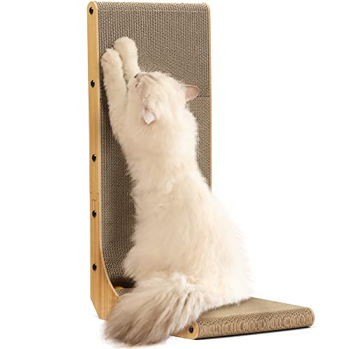 FUKUMARU Cat Scratcher, 26.8 Inch L Shape Cat Scratch Pad Wall Mounted, Cat Scratching Cardboard with Ball Toy for Indoor Cats, Large Size - size: 1 Pack 26.8 in Wood Color