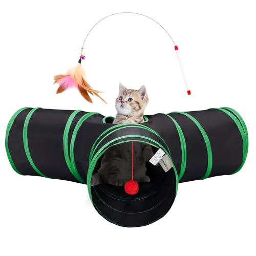 Tempcore Cat Tunnel for Indoor Cats, 3-Way Collapsible Play Tunnel with Teaser Wand, Peek Holes & Toy Ball, Small Pet Toy for Kittens & Rabbits, Black & Green - color: 3-Way Black&Green, size: 3-way