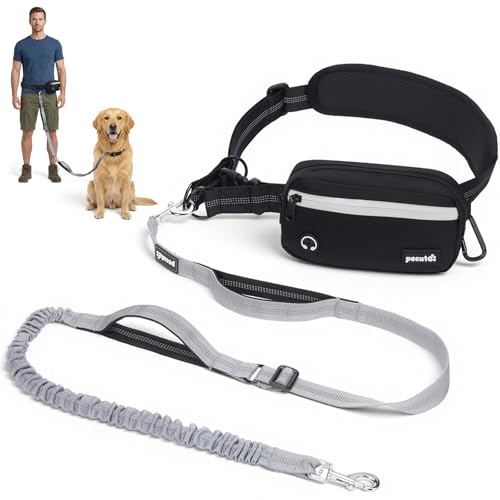 Dog Leash Hands Free, Walking Waist Belt with Pouch Removable & Multifunctional|Shock Absorbing Bungee| Thickened Lumbar pad & Comfortable Dual Handles|Dog Running and Training,for 33-120lbs Dogs - color: Grey, size: Large