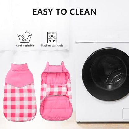 Geyecete Dog Winter Coat,Reversible Dog Coat Water Resistant British Style Plaid Dog Winter Coats Leash Hole Soft Basic Warm Dog Coat Jacket-Pink-L - color: Pink, size: Large