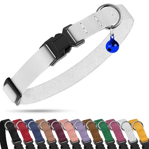 Breakaway Cat Collar with Bell - Leather Adjustable Kitten Collars with Safety Quick Release Buckle - Soft Small Pet Collars for Girl & Boy Cats (White) - color: White