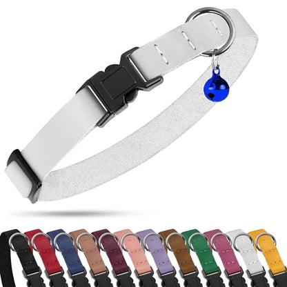 Breakaway Cat Collar with Bell - Leather Adjustable Kitten Collars with Safety Quick Release Buckle - Soft Small Pet Collars for Girl & Boy Cats (White) - color: White
