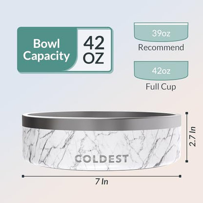 Coldest Dog Bowl - Anti Rust Metal & Non Slip Dog Bowls Large, Spill Proof Heavy Duty 3 Layers Insulated Dog Bowl - Food and Water Bowl for Dogs, Cats & Pets, Dishwasher Safe (42 oz, Carrara Marble) - color: Carrara Marble, size: 42 oz