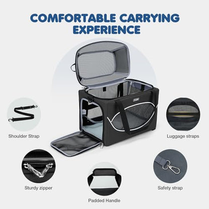 Top-Expandable Pet Carrier 18x11x11Inch Delta American United Airline Approved Underseat to 15lbs Stable Car Travel Carriers for Small Dogs Cats with Locking Safety Zippers Anti-Scratch Mesh - color: Black, size: 18"x11"x11"